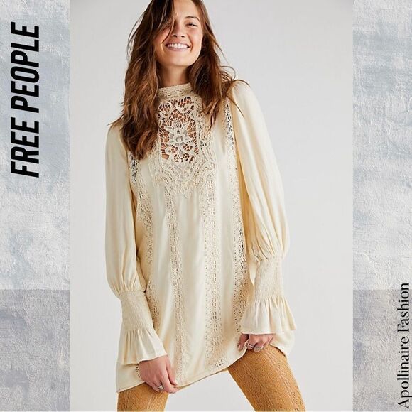 FREE PEOPLE VIENNA CROCHET TRIM MINI DRESS IN IVORY NWT XS TP, SP TP - Picture 1 of 7
